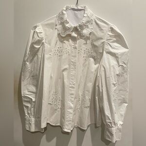 Zara white poplin embroidered voluminous top with lace collar